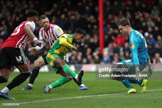 Kyle Edwards of West Bromwich Albion scores a goal to make it 0-1 during the Sky Bet Championship match between Brentford v West Bromwich Albion at...