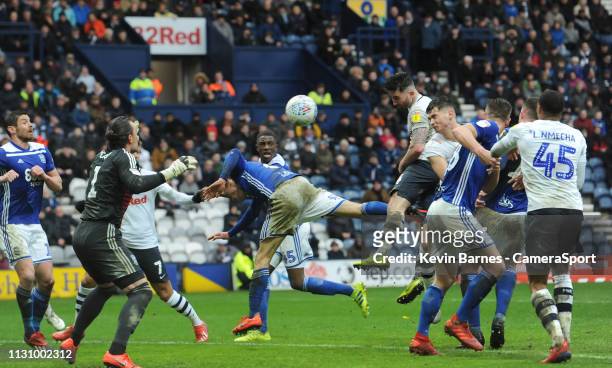 Preston North End's Sean Maguire scores his side's first goal during the Sky Bet Championship match between Preston North End and Birmingham City at...