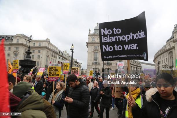 People gather to stage a demonstration against the twin terror attacks in New Zealand mosques, islamophobia, antisemitism and racism in London,...