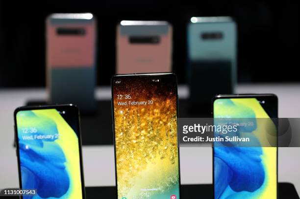 The new Samsung Galaxy S10e, Galaxy S10+ and the Galaxy S10 smartphones are displayed during the Samsung Unpacked event on February 20, 2019 in San...