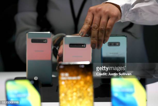 New Samsung Galaxy S10 smartphones are displayed during the Samsung Unpacked event on February 20, 2019 in San Francisco, California. Samsung...