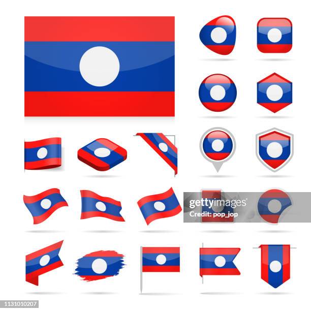 laos - flag icon glossy vector set - isometric map pointer stock illustrations