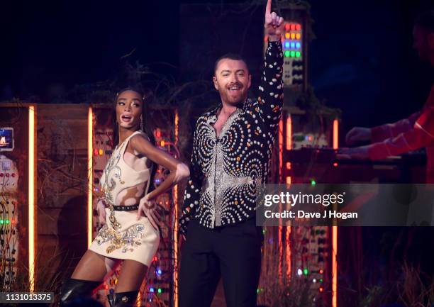 Sam Smith performs on stage with Winnie Harlow at The BRIT Awards 2019 held at The O2 Arena on February 20, 2019 in London, England.