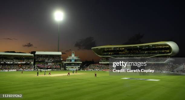 General view of play under the floodlights during the 1st One Day International match between the West Indies and England at Kensington Oval on...