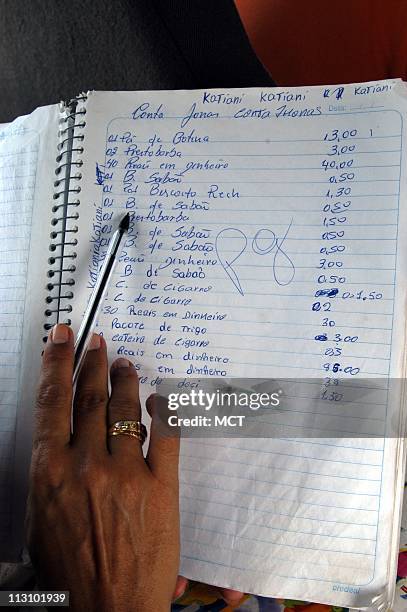 Member of one of Brazil's anti-slavery teams looks over a makeshift ledger book at the Macauba Ranch. Labor ministry inspectors found that slaves...