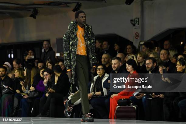 Model walks the runway at the Byblos show at Milan Fashion Week Autumn/Winter 2019/20 on February 20, 2019 in Milan, Italy.