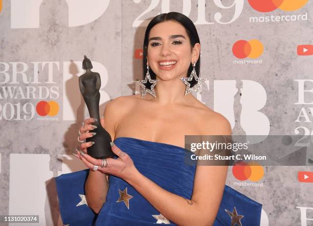 Dua Lipa in the winners room during The BRIT Awards 2019 held at The O2 Arena on February 20, 2019 in London, England.