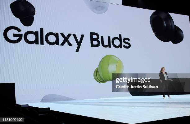 Samsung senior director of marketing Elina Vives speaks during the Samsung Unpacked event on February 20, 2019 in San Francisco, California. Samsung...