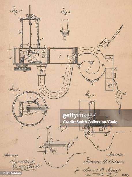 Engraved drawing of the electric lighting apparatus by Thomas Edison, from the book "Collection of United States patents granted to Thomas A. Edison"...