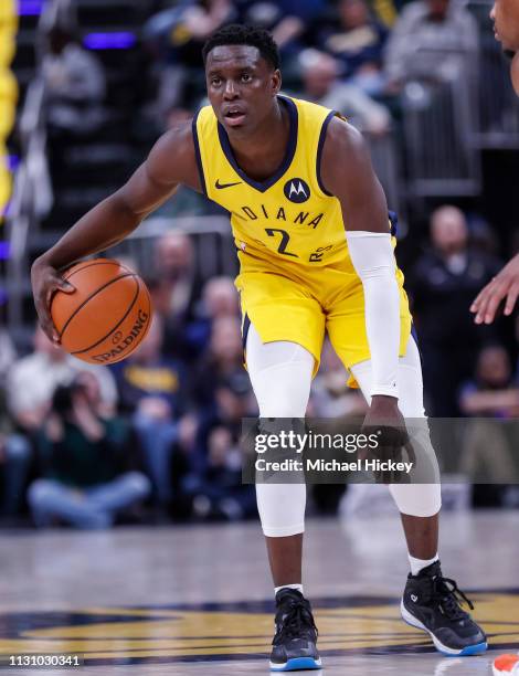 Darren Collison of the Indiana Pacers dribbles the ball during the game against the New York Knicks at Bankers Life Fieldhouse on March 12, 2019 in...