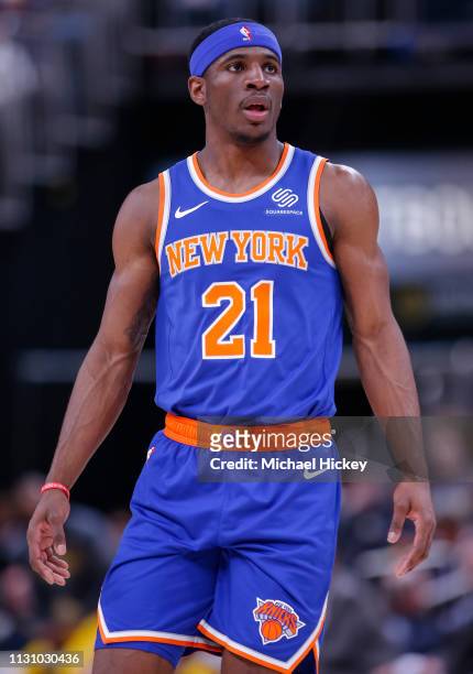 Damyean Dotson of the New York Knicks is seen during the game against the Indiana Pacers at Bankers Life Fieldhouse on March 12, 2019 in...