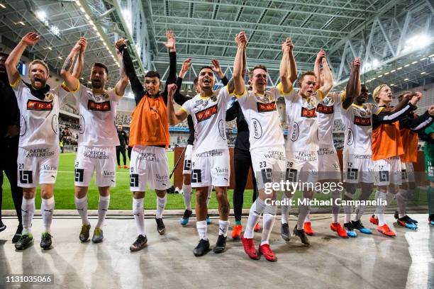 Ahmed Yasin of BK Hacken and teammates celebrate in front of supporters after winning a semi-final match in the Swedish Cup between Djurgardens IF...