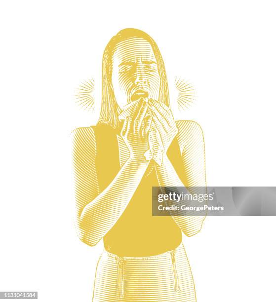 ilustraciones, imágenes clip art, dibujos animados e iconos de stock de la mujer se siente enferma y estornudando - woman blowing nose