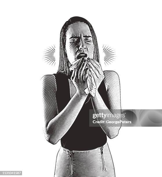 ilustraciones, imágenes clip art, dibujos animados e iconos de stock de la mujer se siente enferma y estornudando - woman blowing nose