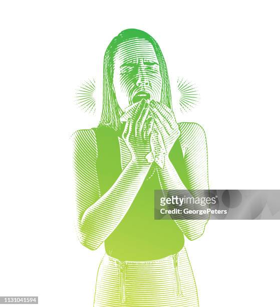 ilustraciones, imágenes clip art, dibujos animados e iconos de stock de la mujer se siente enferma y estornudando - woman blowing nose