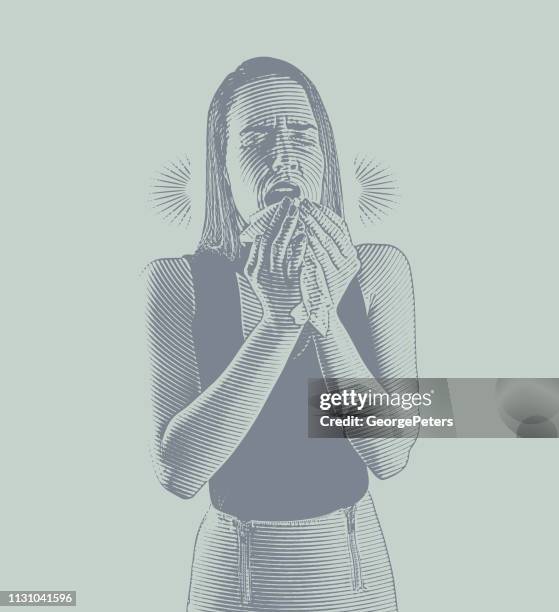 ilustraciones, imágenes clip art, dibujos animados e iconos de stock de la mujer se siente enferma y estornudando - woman blowing nose