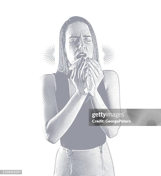 woman feeling sick and sneezing - forehead temperature stock illustrations