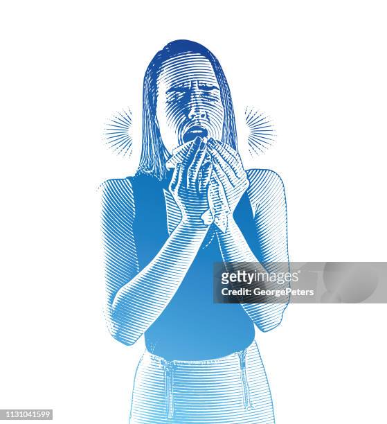 woman feeling sick and sneezing - woman blowing nose stock illustrations