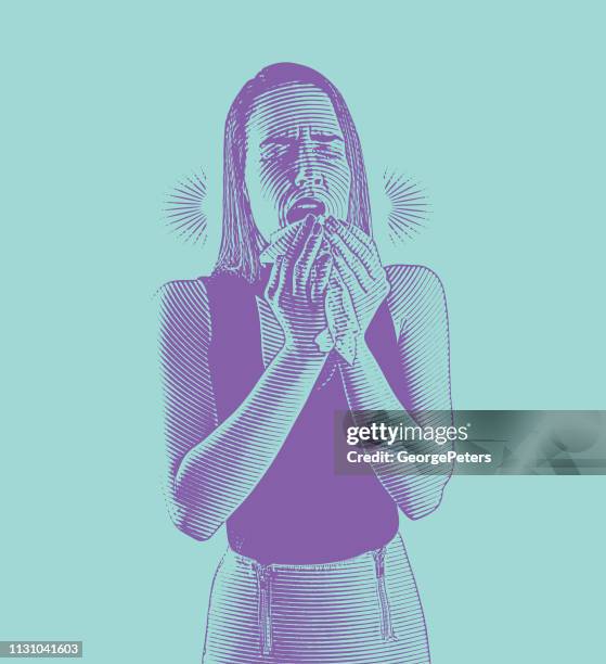 ilustraciones, imágenes clip art, dibujos animados e iconos de stock de la mujer se siente enferma y estornudando - woman blowing nose