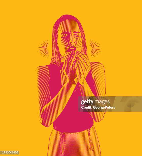 woman feeling sick and sneezing - person-with-headache-and-clip-art stock illustrations
