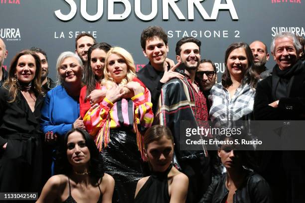 Suburra Cast members attend the after party for Netflix "Suburra" The Series, season 2 launch at Circolo Degli Illuminati on February 20, 2019 in...