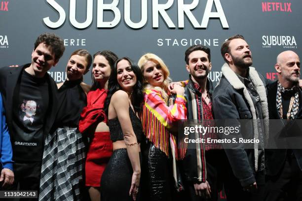 Suburra Cast members attend the after party for Netflix "Suburra" The Series, season 2 launch at Circolo Degli Illuminati on February 20, 2019 in...