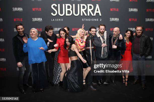 Suburra Cast members attend the after party for Netflix "Suburra" The Series, season 2 launch at Circolo Degli Illuminati on February 20, 2019 in...