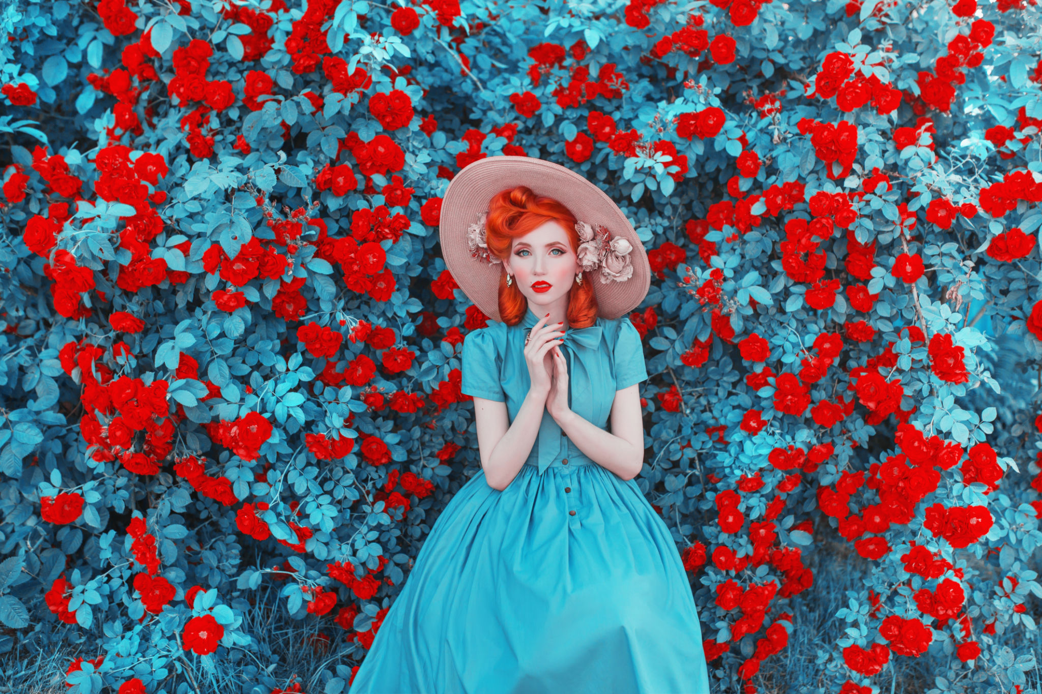 Valentines Day background. Spring rose flower garden. Fabulous lady with red lips in dress. Gardening on farm. Awesome flower wall. Redhead lady on fabulous background of rose garden. Spring gardening Valentines Day background. Spring rose flower garden. Fabulous lady with red lips in dress. Gardening on farm. Awesome flower wall. Redhead lady on fabulous background of rose garden. Spring gardening