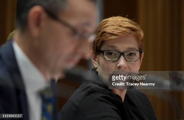 Senator Marise Payne gestures during Senate Estimates for Foreign Affairs, Defence and Trade Legislation Committee at Parliament House on February...