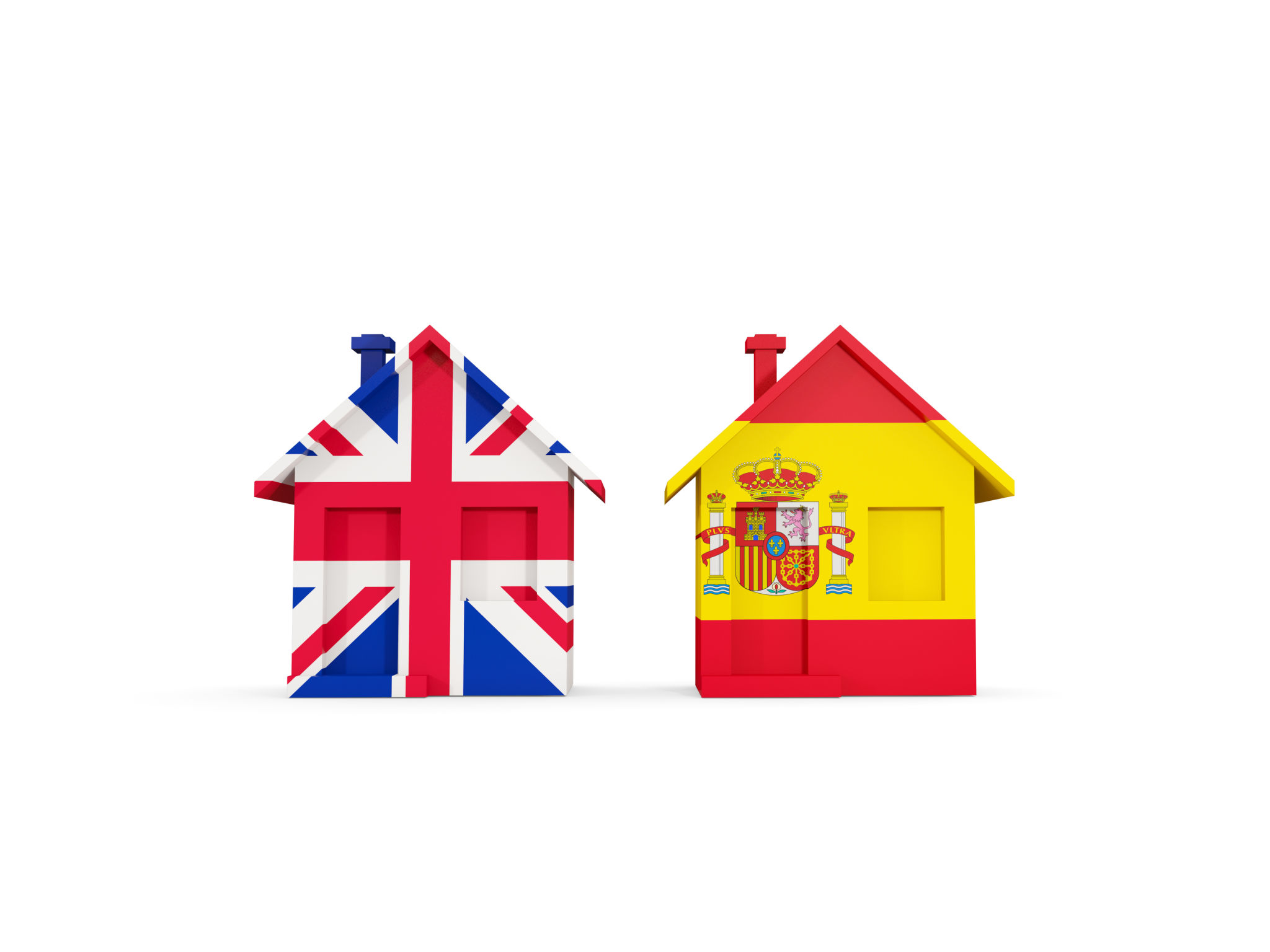 Two houses with flags of United Kingdom and spain Two houses with flags of United Kingdom and spain