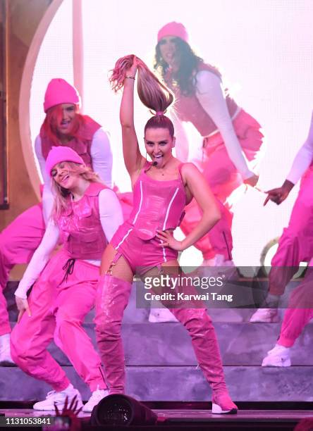 Perrie Edwards of Little Mix performs during The BRIT Awards 2019 held at The O2 Arena on February 20, 2019 in London, England.
