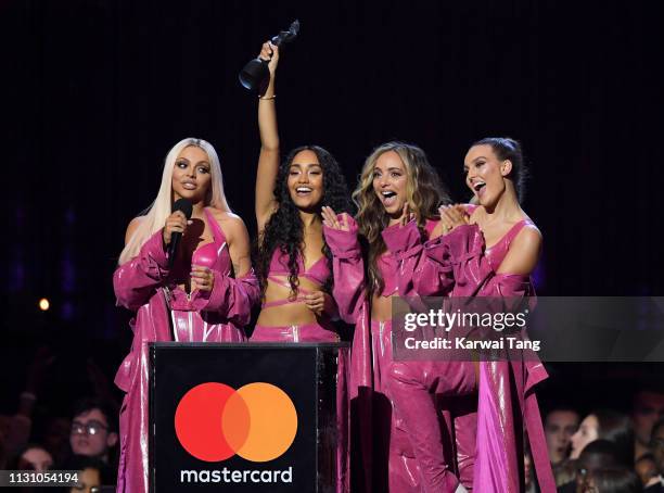 Jesy Nelson, Leigh-Anne Pinnock, Jade Thirlwall and Perrie Edwards of Little Mix, winners of the Best British Artist Video of the Year award during...