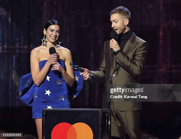 Dua Lipa and Calvin Harris win British Single for 'One Kiss' during The BRIT Awards 2019 held at The O2 Arena on February 20, 2019 in London, England.