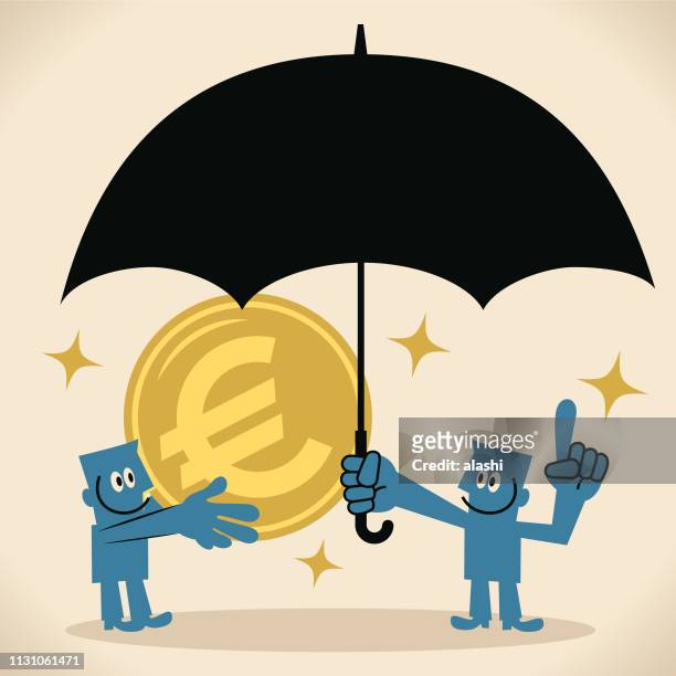 smiling businessman with a big umbrella protecting another man with a gold euro sign coin - financial advice stock illustrations