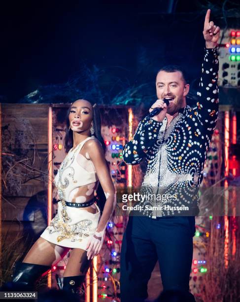 Winnie Harlow and Sam Smith perform during The BRIT Awards 2019 held at The O2 Arena on February 20, 2019 in London, England.