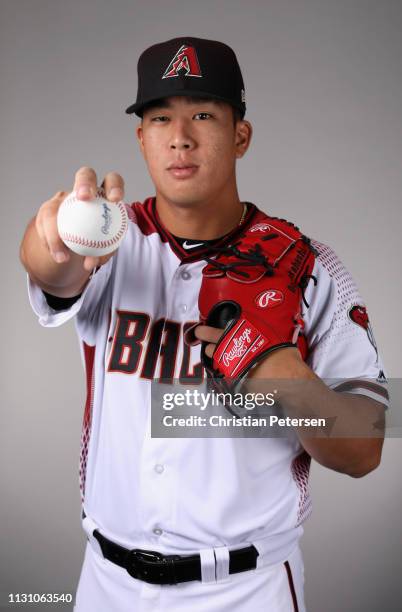 Pitcher Bo Takahashi of the Arizona Diamondbacks poses for a portrait during photo day at Salt River Fields at Talking Stick on February 20, 2019 in...