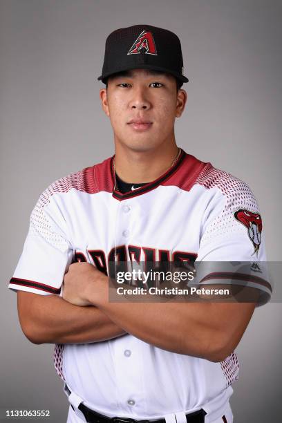 Pitcher Bo Takahashi of the Arizona Diamondbacks poses for a portrait during photo day at Salt River Fields at Talking Stick on February 20, 2019 in...