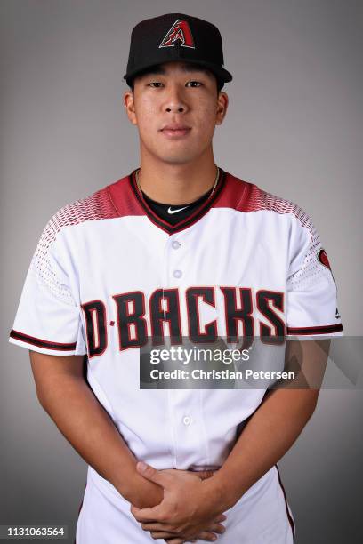 Pitcher Bo Takahashi of the Arizona Diamondbacks poses for a portrait during photo day at Salt River Fields at Talking Stick on February 20, 2019 in...