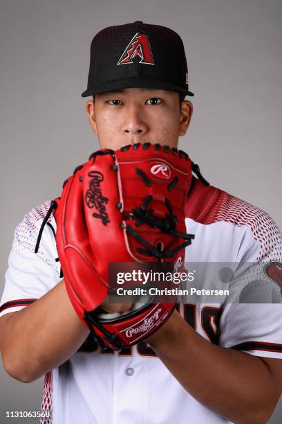 Pitcher Bo Takahashi of the Arizona Diamondbacks poses for a portrait during photo day at Salt River Fields at Talking Stick on February 20, 2019 in...