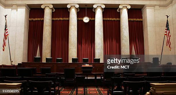 The U.S. Supreme Court meets in this chamber in Washington, DC, shown on Monday, February 28, 2005. Architectural friezes around the chamber depict...