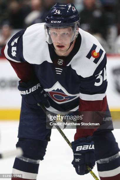 Carl Soderberg of the Colorado Avalanche plays the Winnipeg Jets at the Pepsi Center on February 20, 2019 in Denver, Colorado.