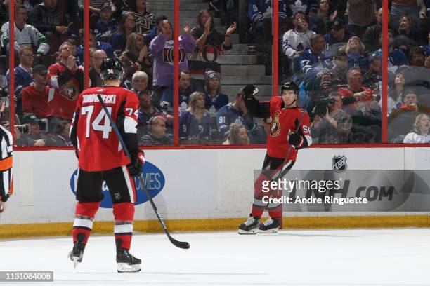 Magnus Paajarvi of the Ottawa Senators celebrates his second of two 2nd period goals against the Toronto Maple Leafs with teammate Mark Borowiecki at...