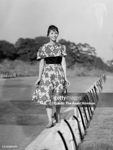 Actress Akiko Wakabayashi poses during the Asahi Shimbun interview on September 2, 1960 in Tokyo, Japan.