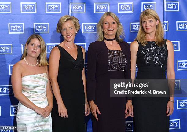 Lyz Glick, Lisa Beamer, Alice Hoglan and Deena Burnett pose backstage during the 10th Annual ESPY Awards at the Kodak Theatre on July 10, 2002 in...