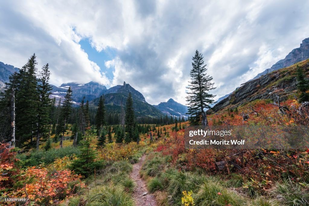 Hiking trail through mountain landscape in autumn to Upper Two Medicine Lake, Glacier National Park, Montana, USA
