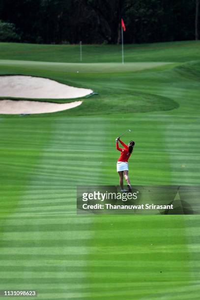 Jenny Shin of Republic of Korea plays the shot during the first round of the Honda LPGA Thailand at the Siam Country Club Pattaya on February 21,...