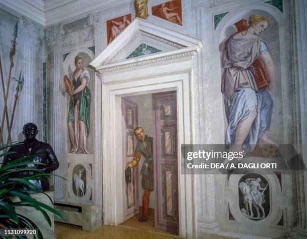 Allegorical figures and fake door, by Paolo Veronese , fresco, Villa Barbaro , Maser, Veneto, Italy.