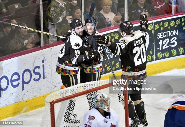 Hershey Bears right wing Riley Barber , center Mike Sgarbossa , and left wing Liam OBrien celebrate after Sgarbossa's second period goal during the...