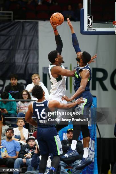 Shevon Thompson of the Wisconsin Herd goes up for a shot against Hakim Warrick of the Iowa Wolves in an NBA G-League game on March 16, 2019 at the...