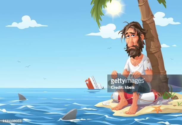 ilustraciones, imágenes clip art, dibujos animados e iconos de stock de hombre varado en isla desierta - naufragio